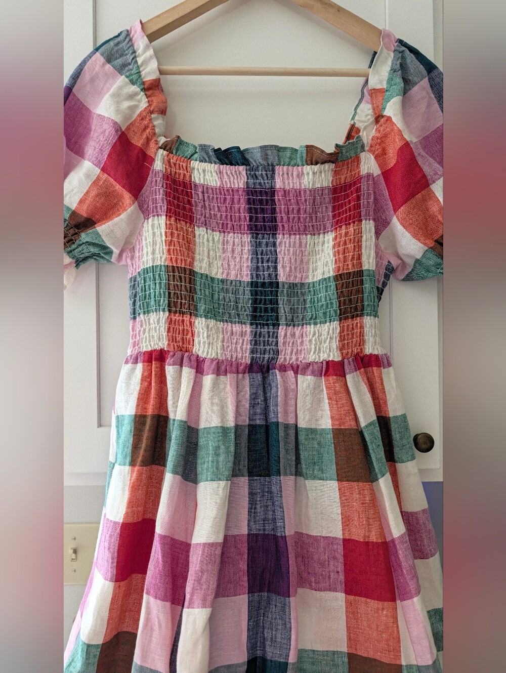 Boden Sky Smocked Linen Midi Dress Multicolor Gingham 6P Petite - Picture 3 of 9